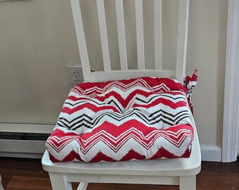 Set of 4 Tufted chair pads, seat cushion, zig zag, chevron, red, grey and white