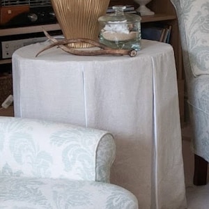Round LINEN table skirt, tailored tableskirt with pleats, table linens, linen table cover, skirted table