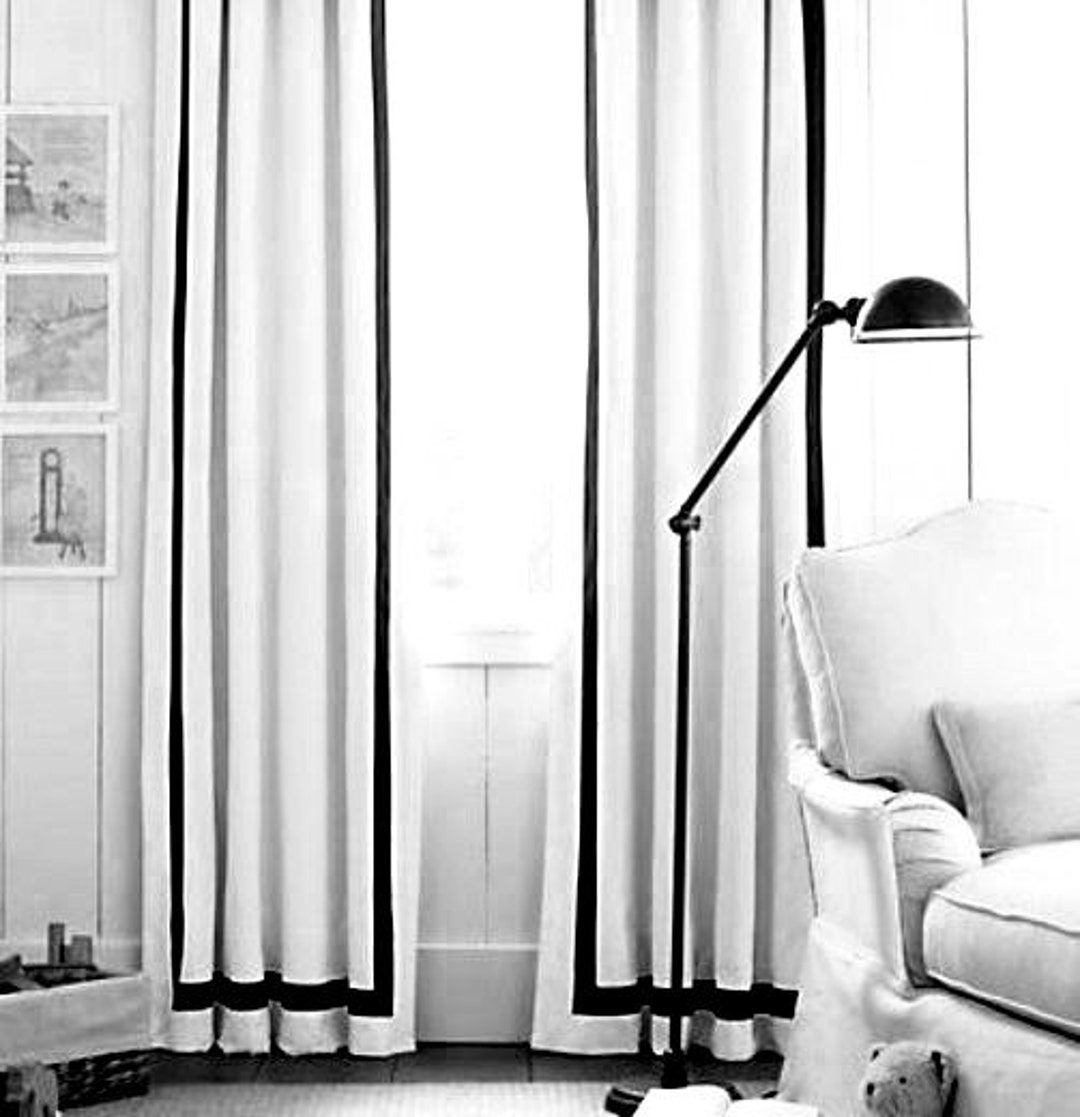 White Linen Curtains With Grosgrain Ribbon Trim Border Linen Etsy