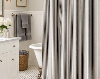 Grey on ivory ticking stripe shower curtain,  72, 84, 90, 48, 108 extra long curtain