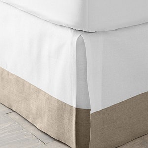 Two tone colorblock White linen bedskirt, queen size  tailored pleats  white dust ruffle, bed skirt, color block bed skirt