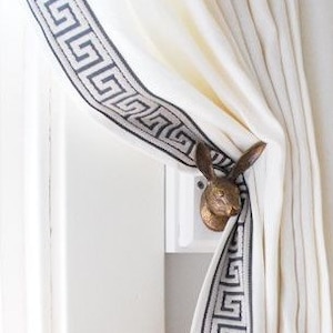 Pair rod pocket linen curtains, off white lined linen drapes with decorative trim,  curtain panels, drapes, off white,  100% linen