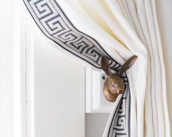 Pair rod pocket linen curtains, off white lined linen drapes with decorative trim,  curtain panels, drapes, off white,  100% linen