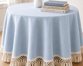 Round or rectangular linen tablecloth with knotted tassel fringe skirted table custom sizes