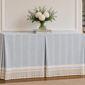 May include: A light blue table skirt featuring a subtle white vertical dotted pattern, a solid white horizontal band near the bottom, and a thick cream-colored fringe trim. The fabric is draped over a rectangular table with a pleated design.