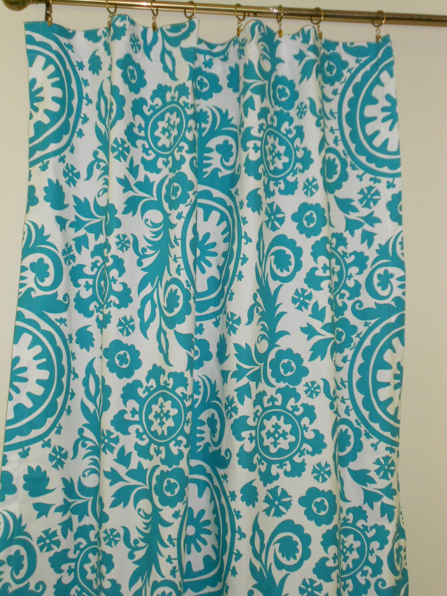 RTS, Turquoise Blue and White Curtain Panels 50W X 84L Drapes Unlined,  Suzani Medallion Window Curtains 