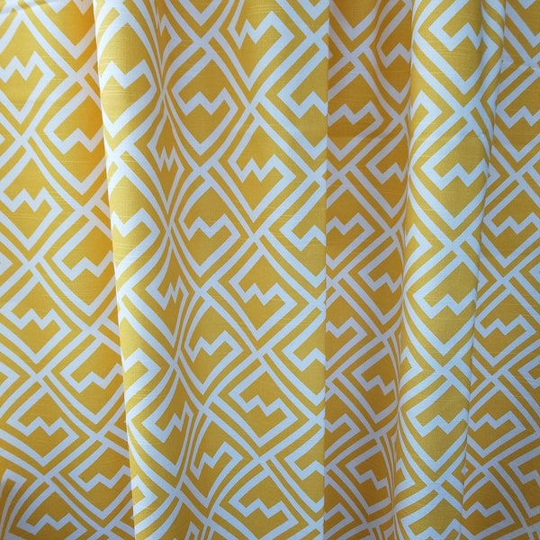 RTS Pair / two panels, 50 x 84L curtain panels, shakes geometric corn yellow and white, rod pocket drapes