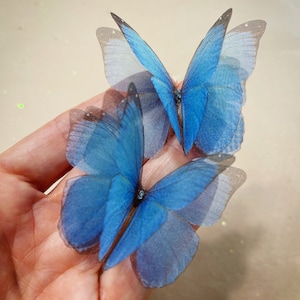 Blauer Morpho-Organza-Schmetterling, Seidenblauer Schmetterling für Brautstrauß, etwas Blaues, realistischer Schmetterling, Strandhochzeits-Haarschmuck
