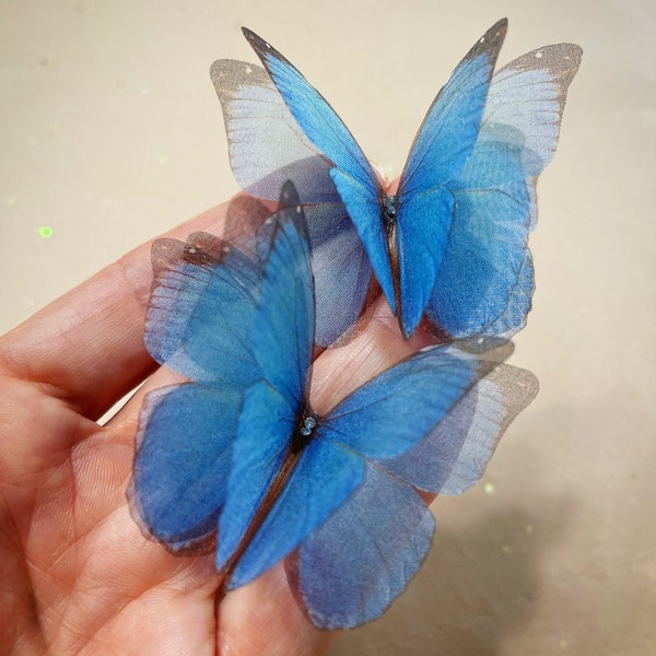 PAPILLONS BLEUS EN SOIE - papillon morpho bleu - papillon en organza - quelque chose de bleu - accessoire de mariée - papillon bleu réaliste - épingle à cheveux
