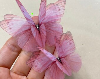 PINK BLUSH rose silk butterflies with Swarovski Crystals   - Bride hair accessory - rose pink silk butterfly - celebrate pride - uniqdots