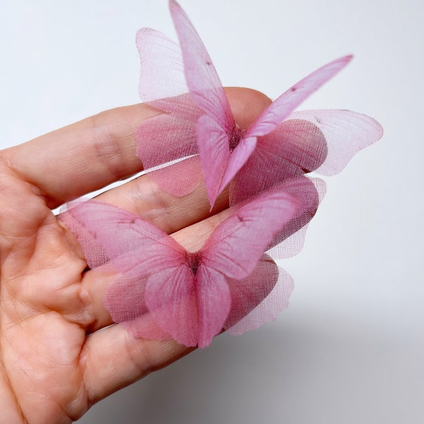 Papillons en soie rose fuchsia azalée - applique en tissu 3D - magenta - papillon rose vintage - accessoire pour cheveux - bijoux en organza de soie