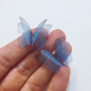 K&ouml;nnte beinhalten: Zwei blaue und violette Schmetterlings-Verzierungen aus durchsichtigem Stoff.