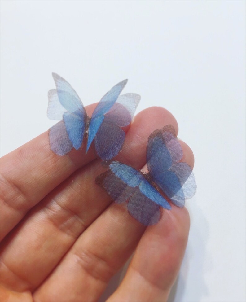 K&ouml;nnte beinhalten: Zwei blaue und violette Schmetterlings-Verzierungen aus durchsichtigem Stoff.