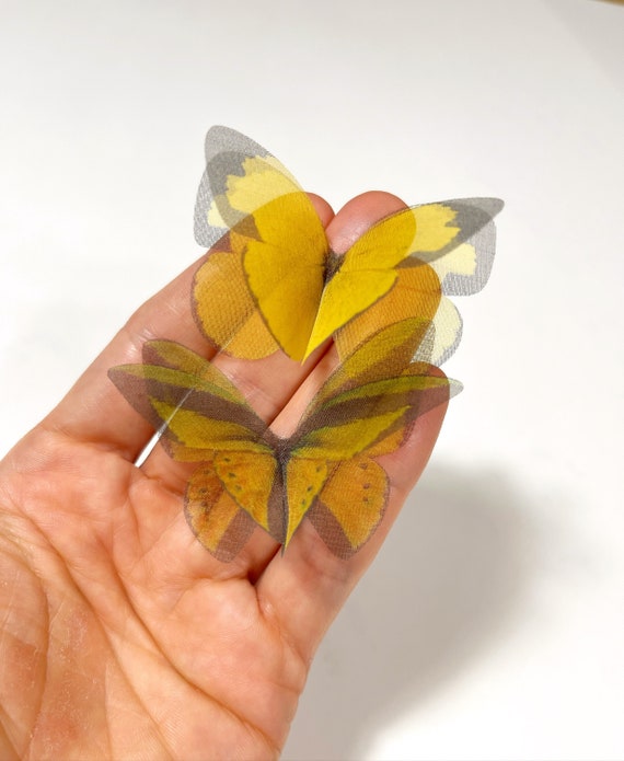Silk Yellow brown butterfly - Silk yellow green butterfly hair pins -  butterfly for bouquet - bridesmaid hair pins - silk specimens