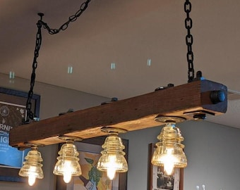 Antique Clear Glass Insulator 4 Light Fixture on Reclaimed Barn Wood Beam