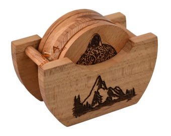 Handmade Wooden Coaster Set with Holder, Rustic Home Bar Decor.