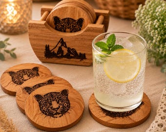 Handmade Wooden Coaster Set with Holder, Rustic Home Bar Decor.