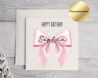 Tarjeta de cumpleaños personalizada con nombre, cinta rosa, tarjeta para niñas/mujeres, tarjeta de feliz cumpleaños, regalo de cumpleaños para novia/hija
