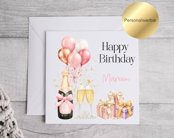 Tarjeta de cumpleaños personalizada con nombre | Tarjeta de feliz cumpleaños para mujer | Regalo de cumpleaños para novia, hermana o madre | Globos de champán