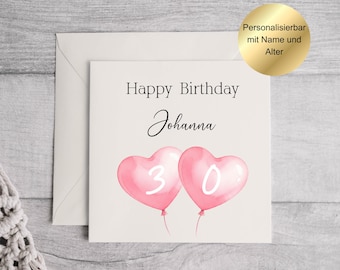 Tarjeta de cumpleaños personalizada con nombre y edad | Tarjeta de cumpleaños para mujer | Tarjeta de felicitación de cumpleaños individual con sobre