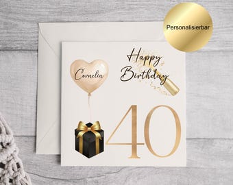 Tarjeta de cumpleaños número 40 personalizada con sobre, tarjeta con mensaje personalizado en el interior, se puede enviar directamente al destinatario, tarjeta de felicitación