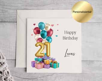 Tarjeta de cumpleaños número 21 personalizada con nombre, tarjeta para un cumpleaños número 21, regalo de cumpleaños número 21 para una mujer o un hombre: tarjeta de felicitación con mensaje personalizado