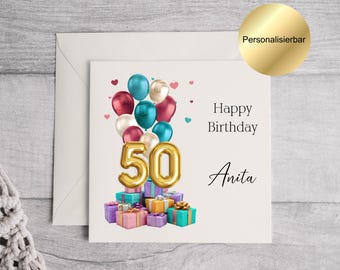 Tarjeta de cumpleaños número 50 personalizada con nombre, tarjeta de cumpleaños número 50, regalo de cumpleaños número 50 para mujeres y hombres, tarjeta de felicitación con mensaje personalizado