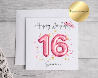 Personalized 16th birthday card for a girl with her name, greeting card for a daughter's or granddaughter's 16th birthday, Sweet 16 money gift for a teenager