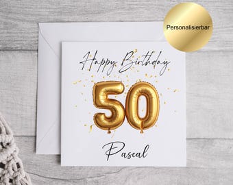 Tarjeta de cumpleaños número 50 personalizada con sobre, tarjeta con mensaje personalizado en el interior, se puede enviar directamente al destinatario, tarjeta de felicitación