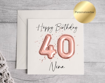 Tarjeta de cumpleaños número 40 personalizada con sobre, tarjeta con mensaje personalizado en el interior, tarjeta de feliz cumpleaños para los 40, tarjeta de felicitación con globos.