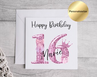 Tarjeta de cumpleaños número 16 personalizada | Tarjeta de felicitación para 16 años | Tarjeta de cumpleaños con nombre y sobre