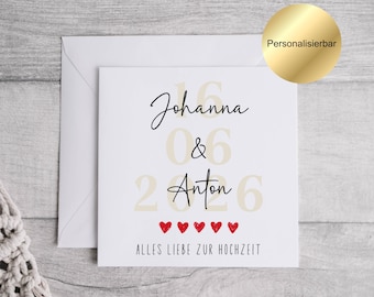 Tarjeta de boda personalizada con nombres y fecha, tarjeta de felicitación de boda para los novios, tarjeta de felicitación de boda individual.