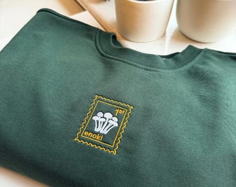 Embroidered Sweatshirt: Enoki Mushroom, Dark Green Cotton Crewneck, Unisex, Oversized, Handmade in London