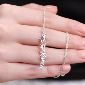 Collar con nombre de flor de nacimiento personalizado, collar con nombre de mes de nacimiento vertical, collar con nombre floral, regalo para ella, delicado collar con nombre floral
