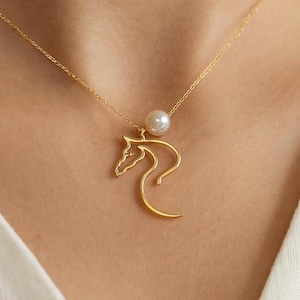 Pferd Halskette mit Perle, Gold, Rosegold 925 Sterlingsilber-Schmuck, Reitergeschenk für Frauen, Weihnachten Geburtstagsgeschenk