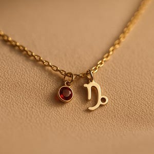 Op de afbeelding: Een goudkleurige ketting met een kleine, ronde, rode edelsteen hanger en een gouden Capricornus sterrenbeeld bedel. De ketting ligt op een neutrale achtergrond.