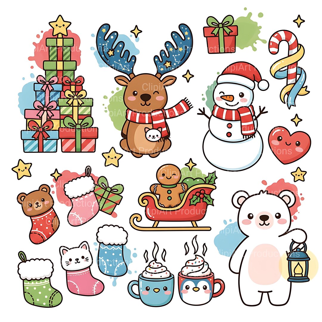 49 Cute Kawaii Christmas Clipart Bundle | Holiday Cartoon PNG | Cute ...