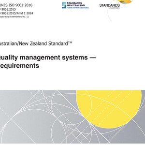 May include: A document with the text "Quality management systems - Requirements" and the logos of Standards New Zealand and Standards Australia. The document also includes the text "Australian/New Zealand Standard". The background has a gray and yellow design.