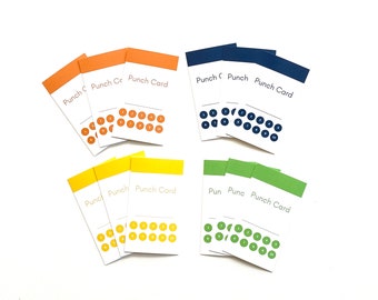 Punch Card Set of 12 - 2x3.5" printed reward cards in 4 colors to use for chores, music practice, homework, potty training, behavior, etc.