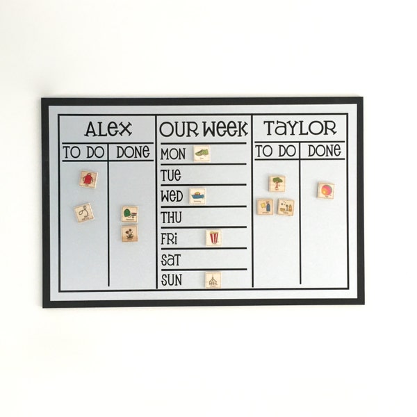 3 Section Chore Chart - 20x13" playful font style, personalized magnetic chore board with 2-3 names for kids or adults - magnets optional