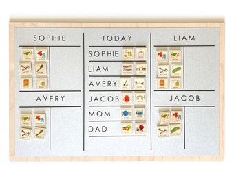 5 Section Chore Chart - 20x13" minimalist font style, personalized magnetic chore board with 2-6 names for kids or adults - magnets optional