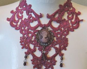 Large Stunning Intricate Pale Wine Cameo Cab Vintage Venise lace Victorian Choker With Bead Drops