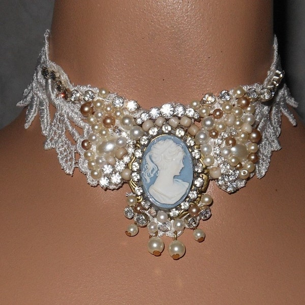 Halsband Choker Hand Perlen Creme Strass Viktorianische Hochzeit Wearable Art Statement Cameo Vintage Kostüm Romantisch Sparkle Prinzessin