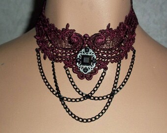 Choker in Burgundy Lace & Black Draping Chain OOAK Unique Elegant Wine Venise Runway Modern Choker by Medievaltomodern