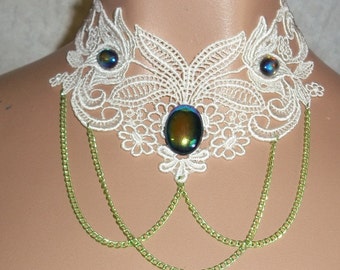 Collar Choker in Creay White Lime Chain AB Aurora Borealis Cab Venise Lace Victorian Insired Turn of the Century Modern Art