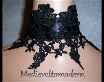 Wide Collar Choker Jet BLACK Lace Satin Victorian Style Gothic 6 1/2 In Wide with Drop Medieval Wearable Art Romantic Evening Costume Dinner