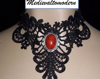 Choker with a Unique Red Cab Long Center Venise Black Lace Victorian Necklace Wearable Art Runway Style
