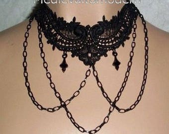 Elegant Black Chain Lace Chunky Gothic Choker with Chain Drape Formal Goth Victorian Victorian Gothic Medieval Design Fabric Jewelry