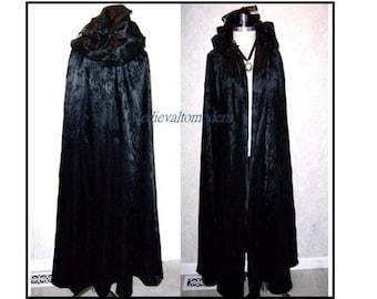 Unique Black Satin Flocked OOAK Flowing  Robbin Hood LONG Hooded Cloak Wedding formal S