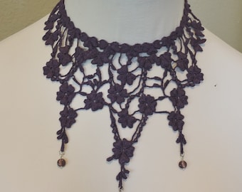 Plum Collar Choker with Super Long Spider Teardrops Victorian Country Design Purple Wearable Art Elegant, Romantic Dinner Evening Wear